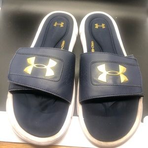 Under armour navy and gold slides size 10
